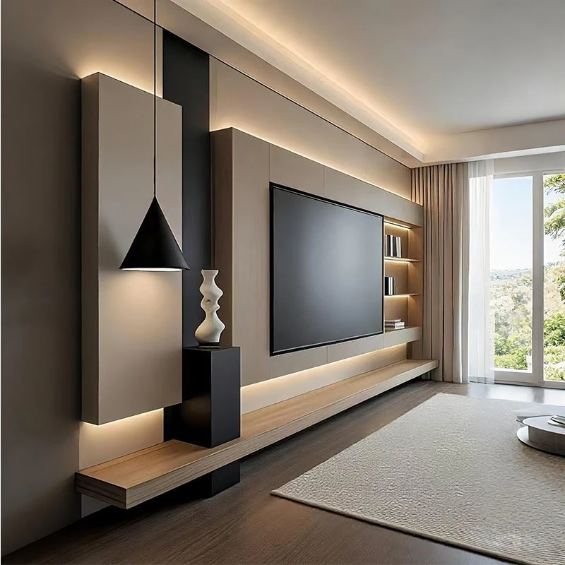 Beige And Black Color Block TV Wall Unit