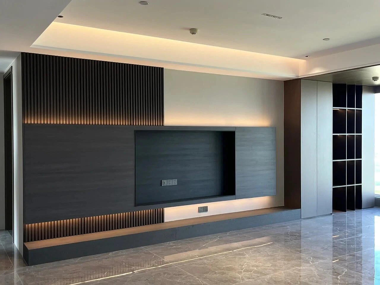 Wood slat accent TV background wall Wood slat accent TV background wall